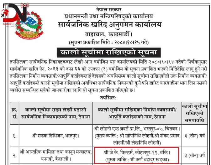 बाँकेको एउटा निर्माण कम्पनी कालोसूचीमा