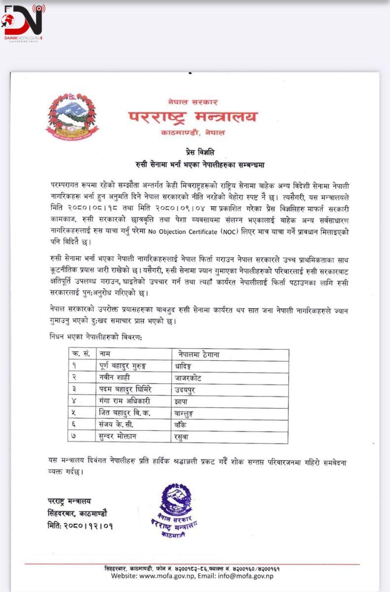 बाँकेका सञ्जयसहित रुसी सेनामा थप सातजना नेपालीको मृत्यु