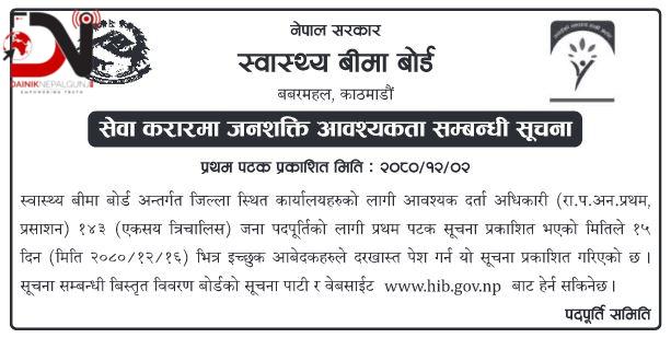 स्वास्थ्य बिमा बोर्डले माग्यो करारमा १४३ कर्मचारी