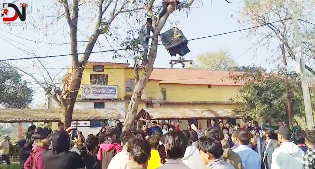 विद्यार्थीले क्याम्पसको प्रमुखको कुर्सी रुखमा झुण्ड्याए