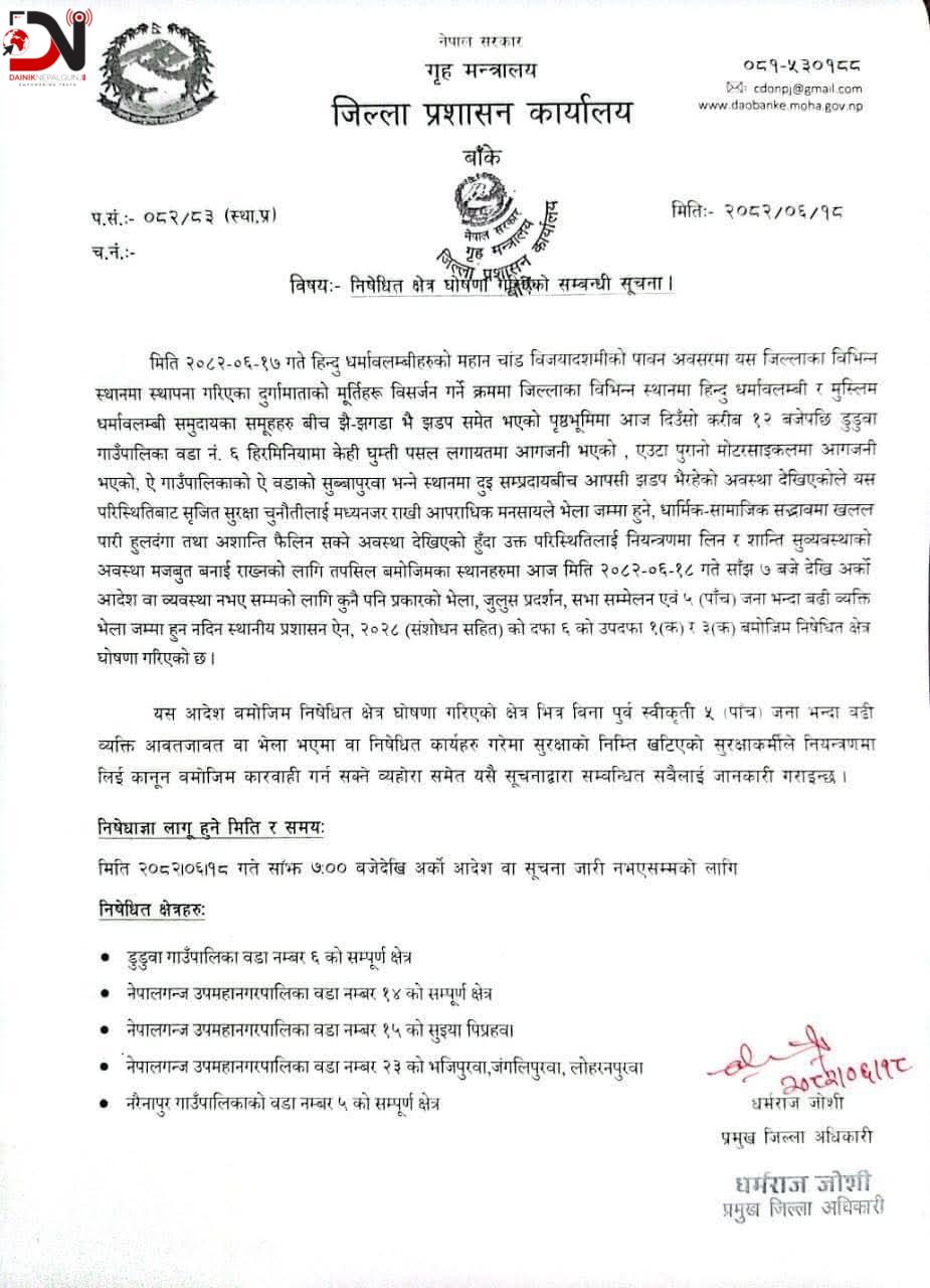 बाँकेका केही क्षेत्रमा निषेधाज्ञा लागू