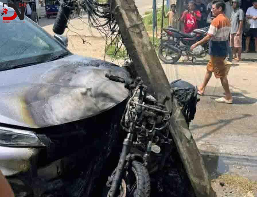 दुर्घटनामा मोटरसाइकल र कारमा आगलागी, एक घाइते